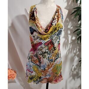 RACHEL Rachel Roy Silk Cowl Drape Urban Grafitti Halter Tie Tank Top Size S